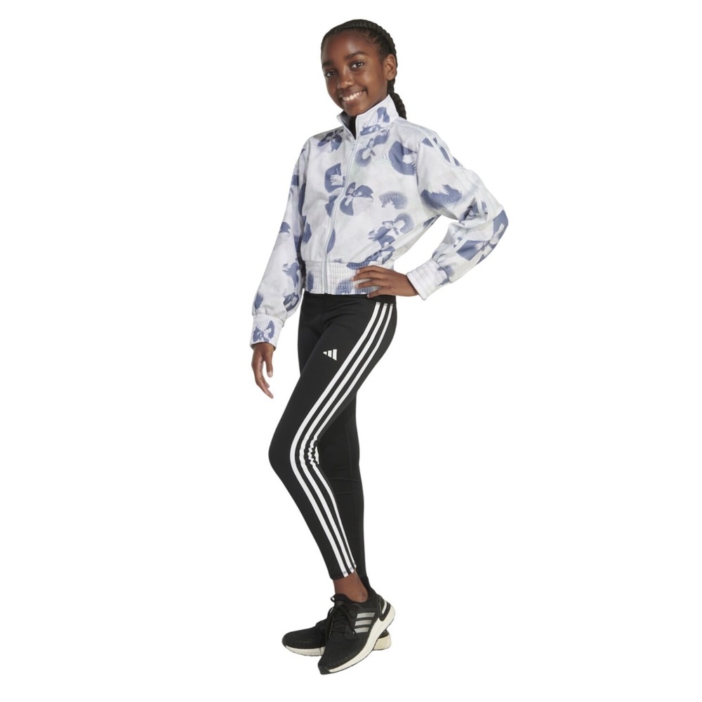 Adidas Girls Floral Track Jacket Blue White‎ Abstract Full Zip Cropped